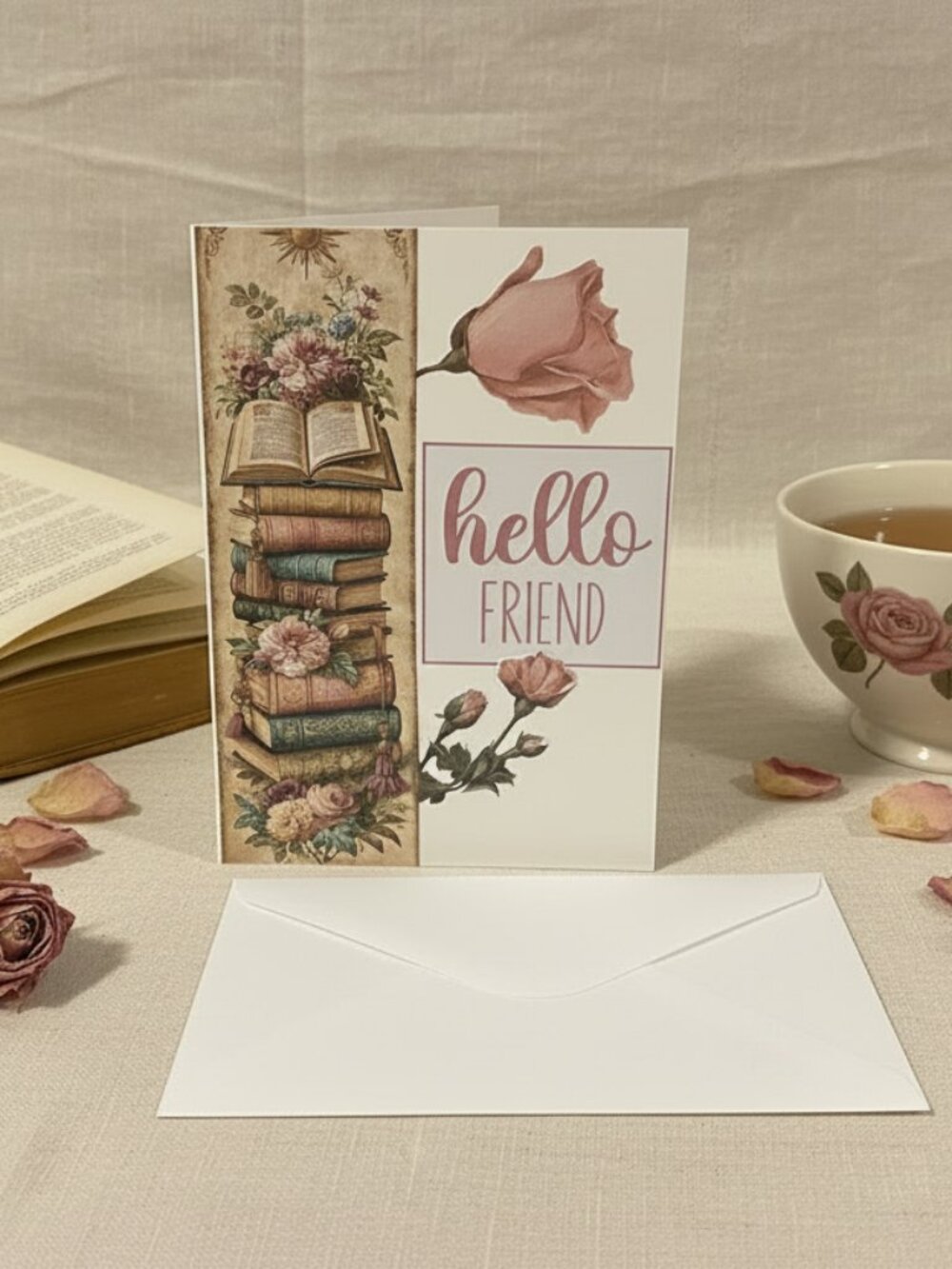 Handmade Hello Friend Rose & Vintage Books Greeting Card with Envelope